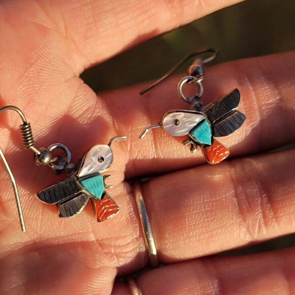Native American Zuni handmade handcarved gemstone inlay 925 sterling hummingbird - Picture 8 of 13